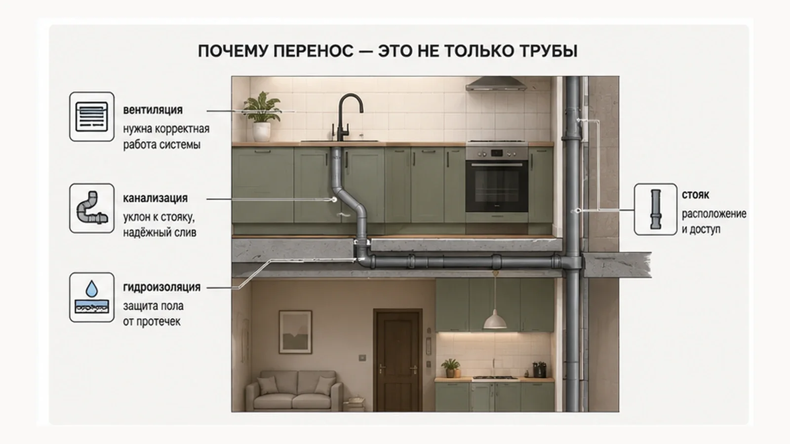 Схема переноса кухни с вентиляцией, канализацией, гидроизоляцией и общим стояком