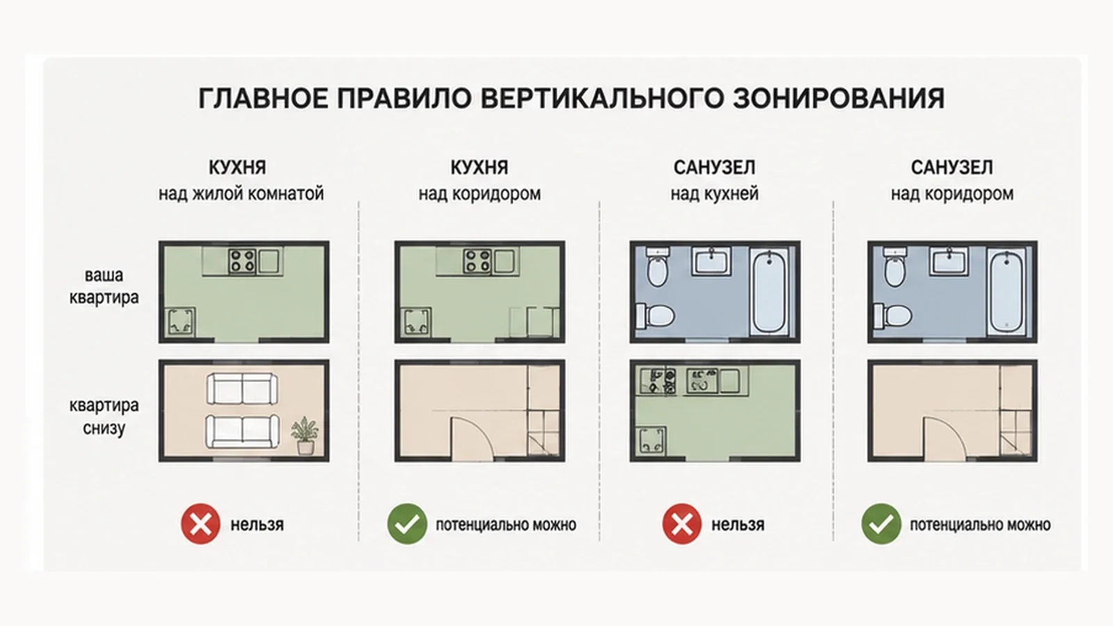 Сравнение допустимого и недопустимого расположения кухни и санузла относительно помещений этажом ниже
