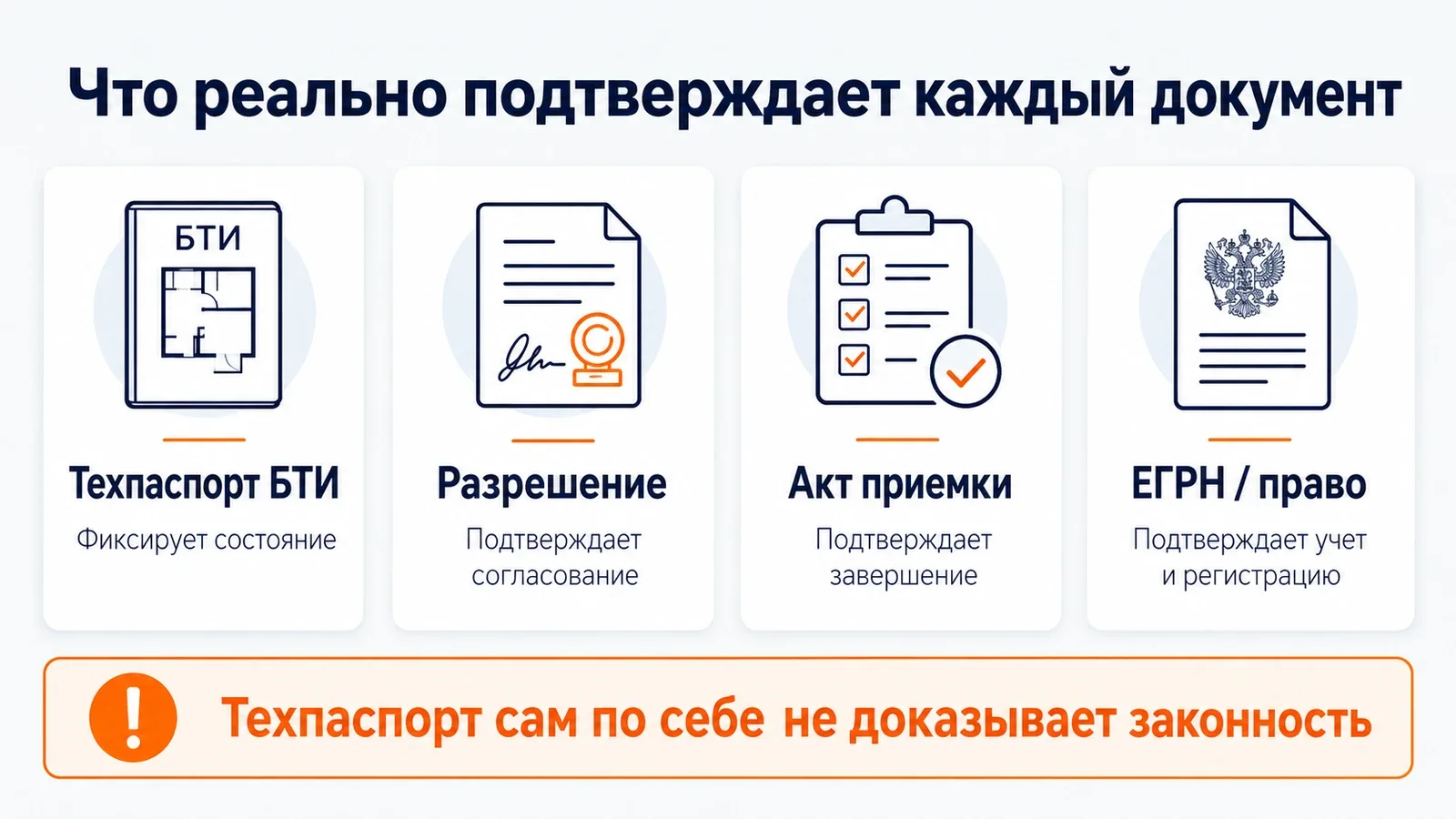 Что подтверждают техпаспорт БТИ, разрешение, акт приёмки и сведения ЕГРН