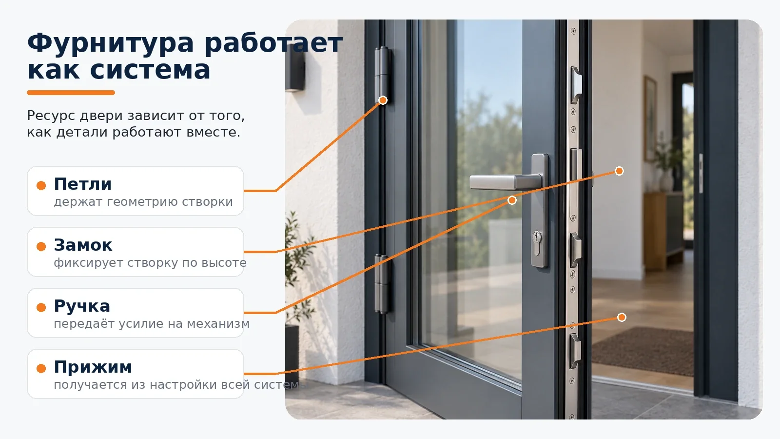 Принцип работы фурнитуры профильной двери: петли удерживают геометрию, замок фиксирует створку в нескольких точках, уплотнение формирует герметичный контур