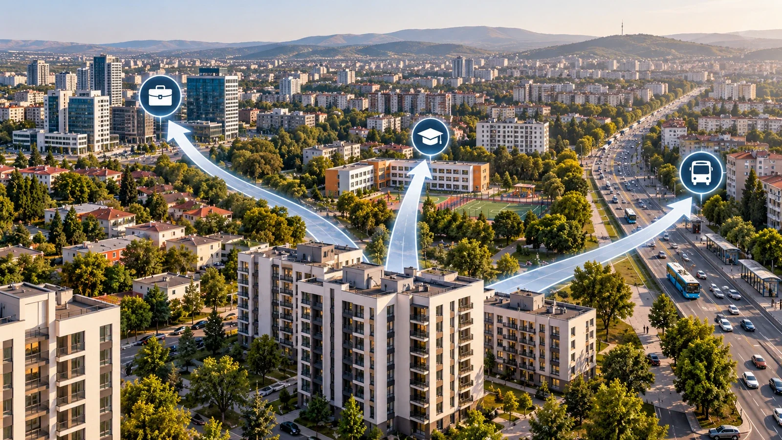 Схематичная визуализация выбора жилья по ежедневным маршрутам к работе, школе и общественному транспорту