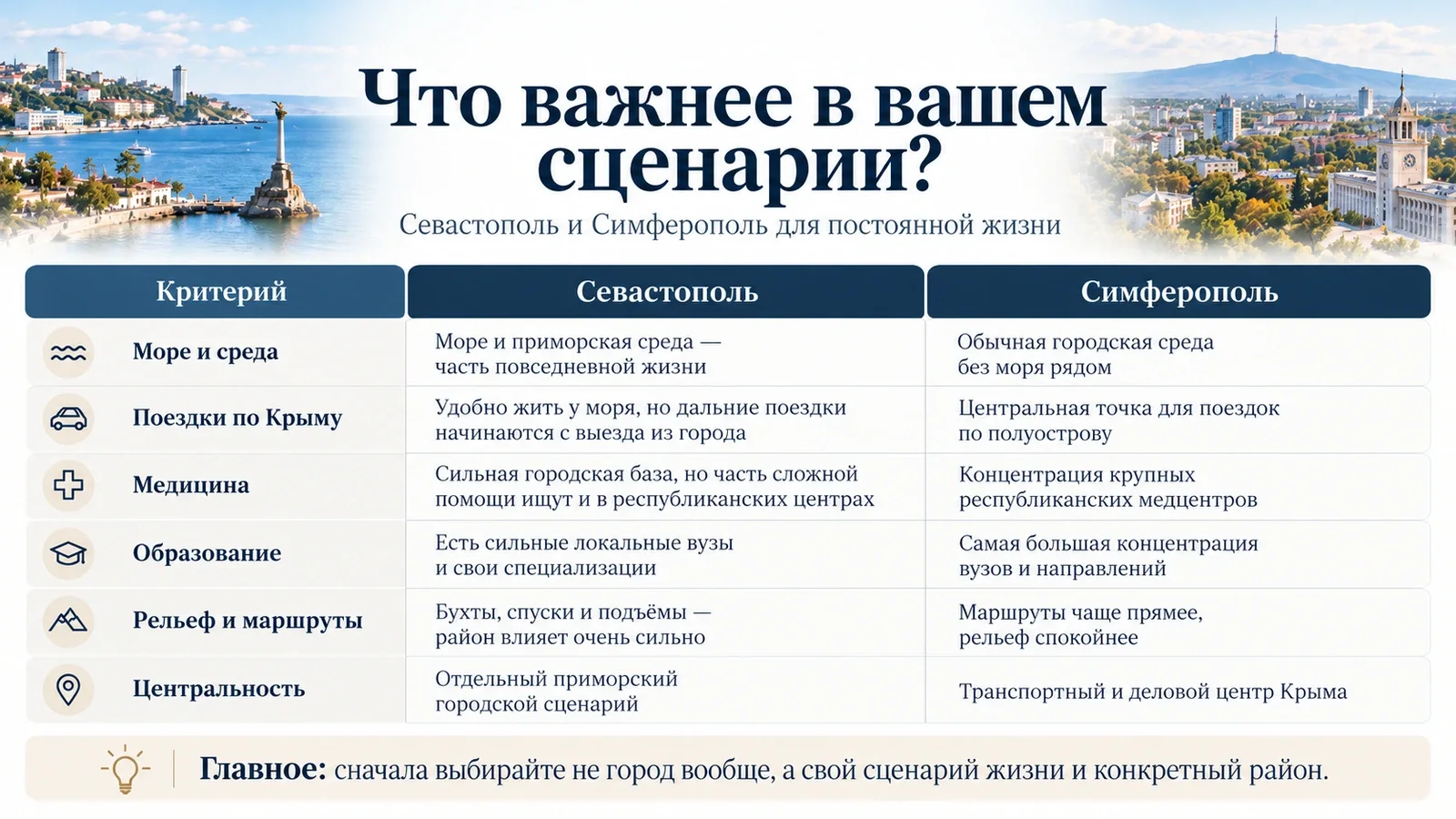 Матрица выбора между Севастополем и Симферополем по повседневным сценариям