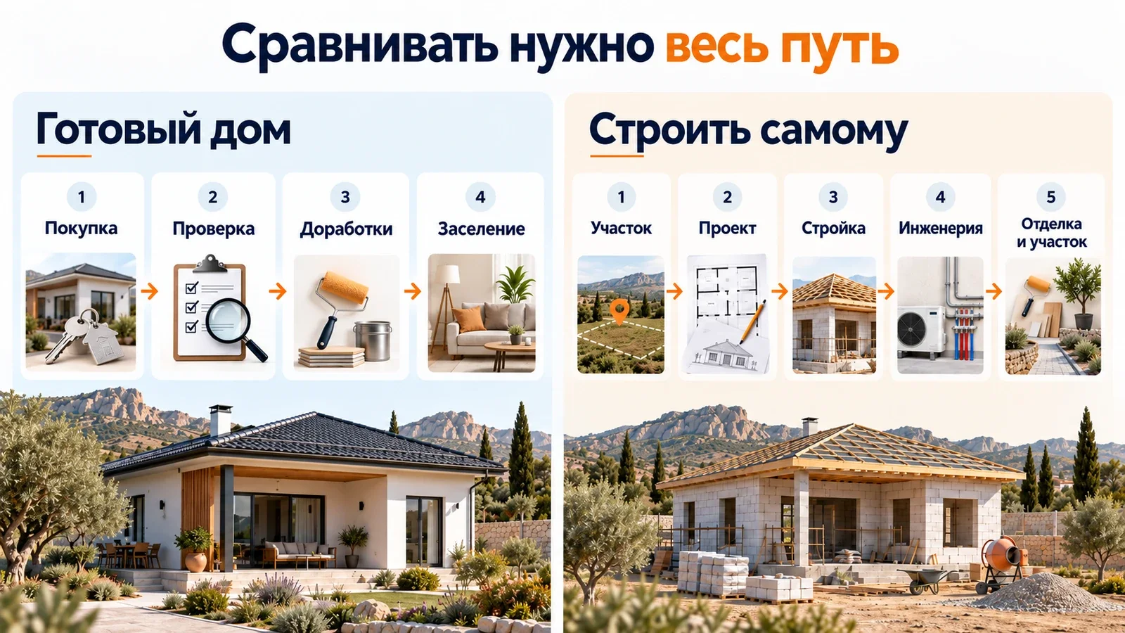 Сравнение полного пути покупки готового дома и самостоятельного строительства