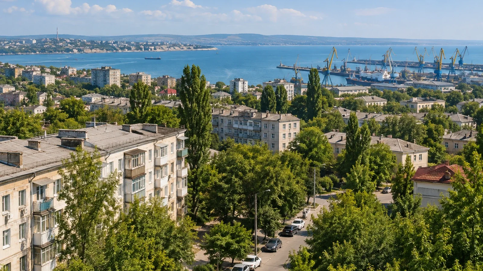 Жилые кварталы Керчи, Керченский пролив и портовая инфраструктура города
