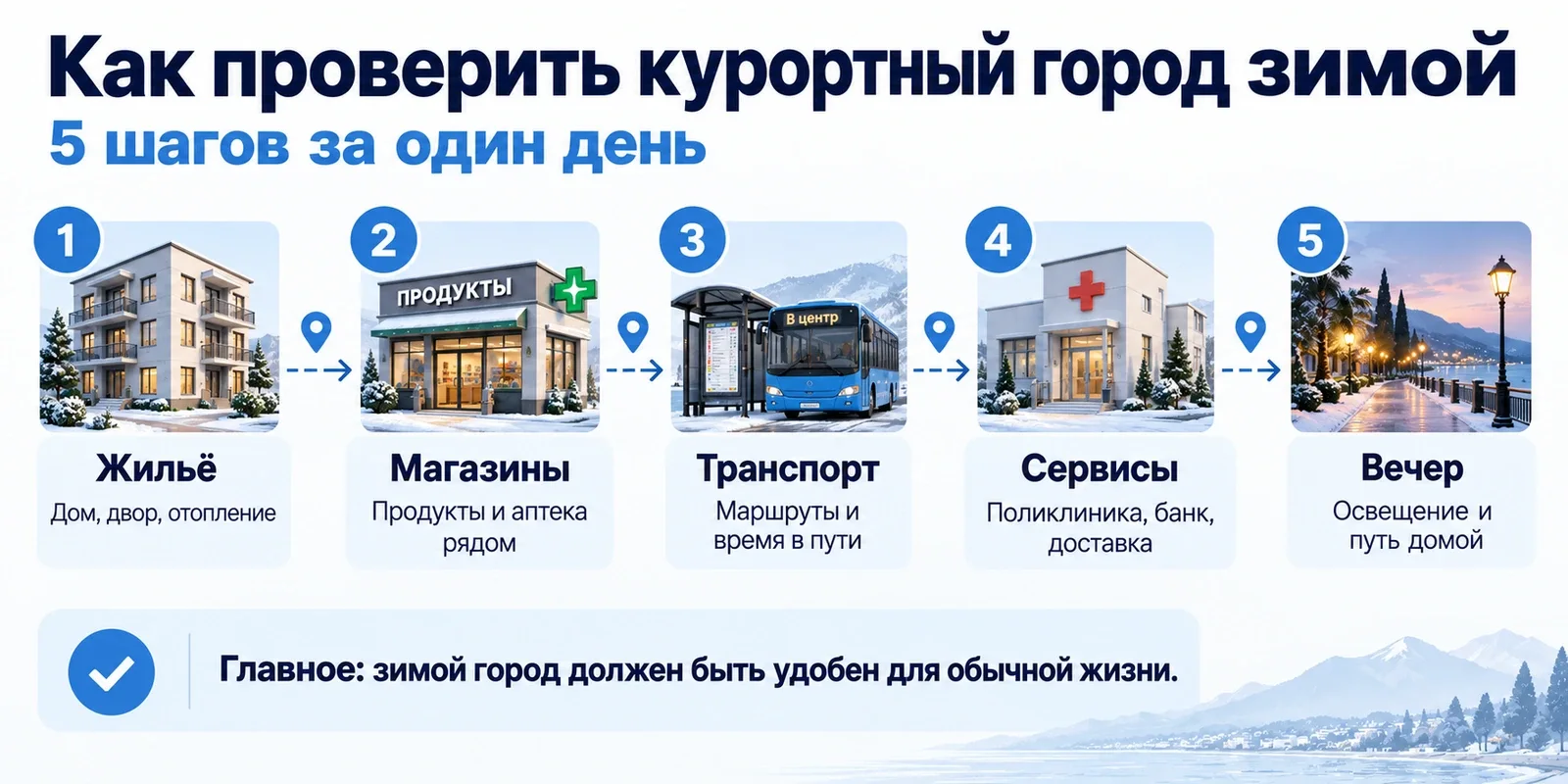 Маршрут проверки курортного города зимой: жильё, магазины, транспорт, медицина и вечерняя прогулка