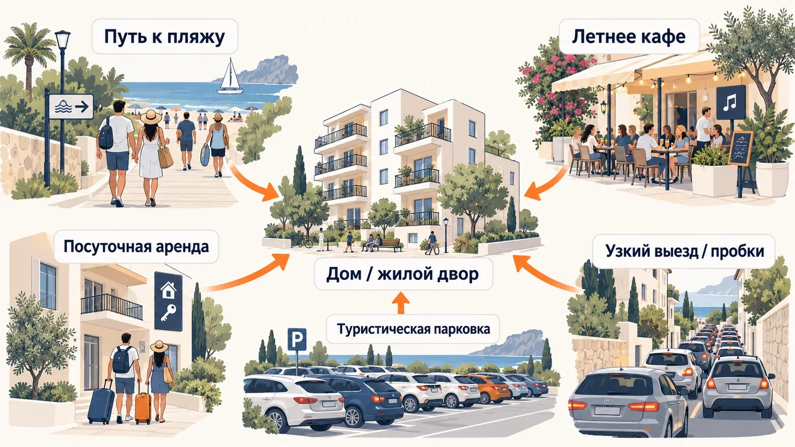 Пять источников летней сезонной нагрузки на жилой дом: путь к пляжу, летнее кафе, посуточная аренда, туристическая парковка и пробки