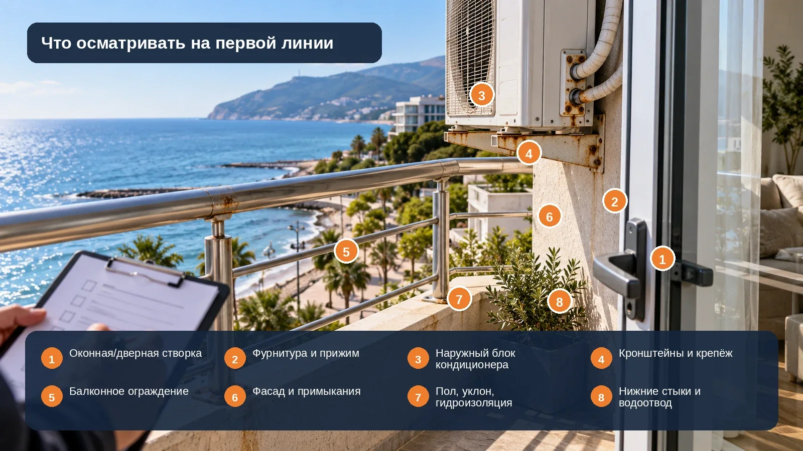 Восемь зон балкона на первой линии, которые стоит проверить: окно, фурнитура, кондиционер, крепёж, ограждение, фасад, гидроизоляция и водоотвод