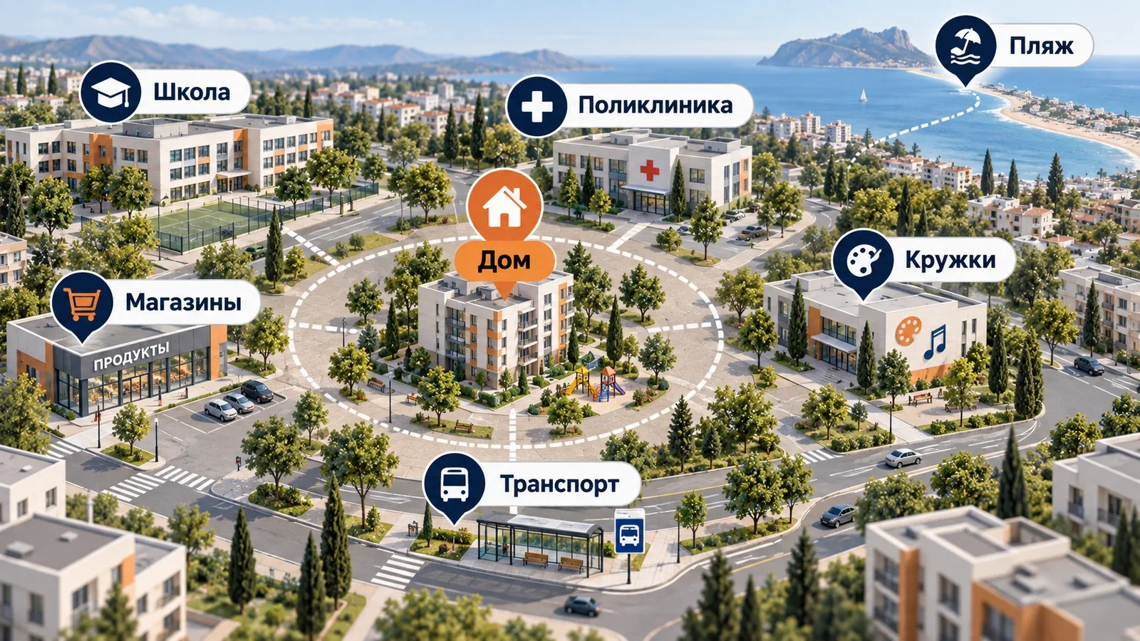 Схема семейного радиуса: дом связан с школой, поликлиникой, кружками, магазином и транспортом, а пляж показан как дополнительная, но не ежедневная точка