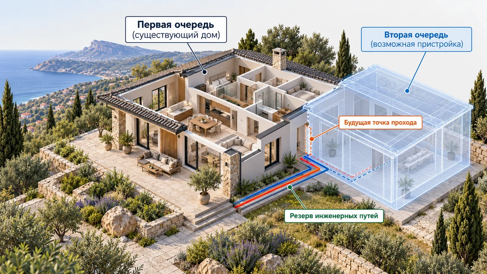 Принцип дома в две очереди: существующая часть, зона расширения и резерв инженерных маршрутов