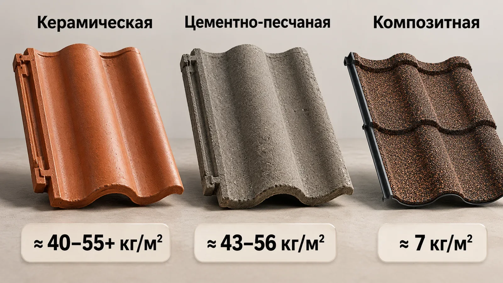 Сравнение массы керамической, цементно-песчаной и композитной черепицы