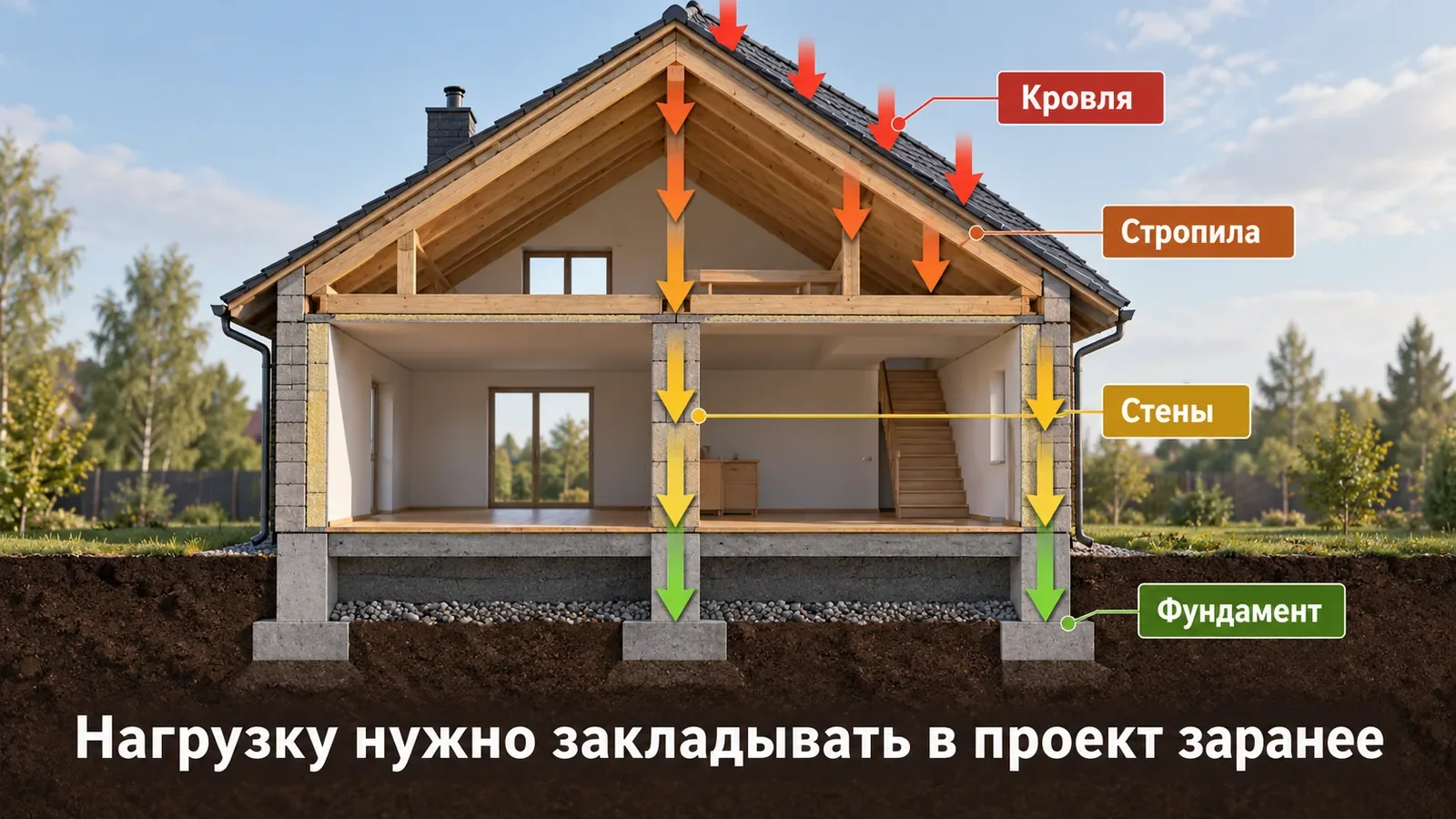Схема передачи нагрузки от кровли через стропила и стены к фундаменту